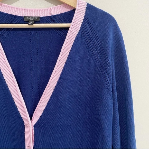 TALBOTS Girlfriend Cardigan Tipped Blue Pink Preppy Classic Size Small Petite - Picture 5 of 12